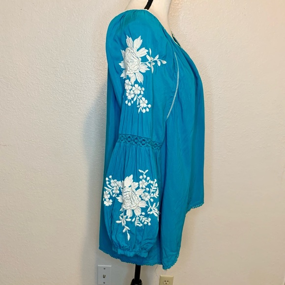 Sundance Naomi Isles Embroidered Boho Peasant Top Turquoise Blue Size Large - Picture 7 of 15